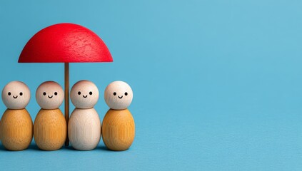 A red umbrella protecting wooden family figures is a symbol of health insurance, family safety, protection, and the concept of healthcare, representing security, protection, care, investment in life