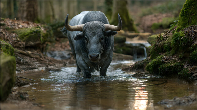 Bufalo wading in muddy water cooling off large powerful mammal