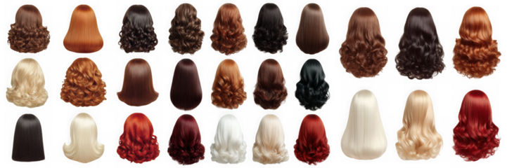 A diverse collection of womens hairstyles and wigs in various colors isolated on transparent background