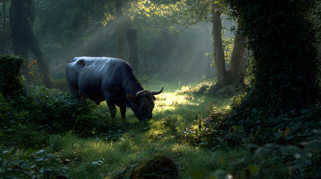 Bufalo grazes in sunny forest peaceful wild animal dappled light