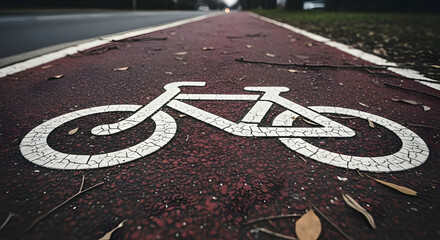 Detailed shot of a cycling lane with a painted bicycle symbol showing wear and tear due to weathering