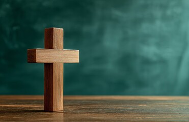 A wooden cross is positioned on a desk in a vacant school classroom that features a green chalkboard, representing faith, education, religion, and hope