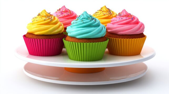 In front of a white backdrop, a white plate holds a tall stack of cupcakes in different colors