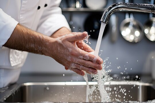 Close-up of chef washing hands under running water