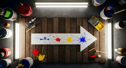 Creative direction with color splashes on an arrow art installation for painting project