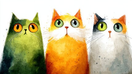 Fototapeta premium Feline friends gathered together in close proximity to a white-walled backdrop adorned with green and orange cat silhouettes