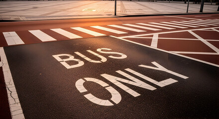 Detailed street view of a bus only lane with crosswalk and street markings in a city during twilight