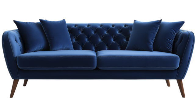 Luxurious Blue Velvet Sofa With Pillows And Elegant Tufted Design Furnishing