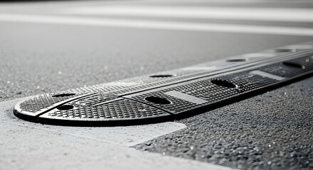 Detailed view of a metallic expansion joint on a concrete surface in monochrome