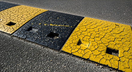 Detailed view of a cracked black and yellow speed bump on an asphalt road section