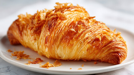 A flaky golden croissant with crispy layers and soft inside, delicious pastry perfect for breakfast, bakery display, or snack, rich aroma and buttery texture.