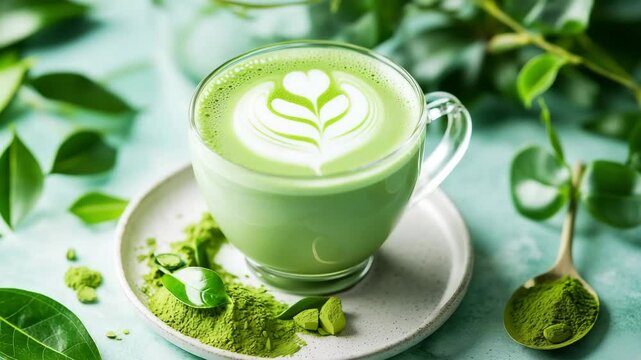 A matcha drink topped with intricate latte art, surrounded by vibrant green leaves on a smooth surface