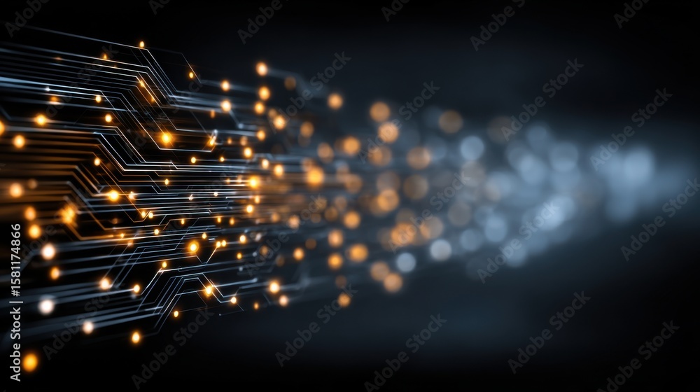 Poster glowing circuits and lights form an abstract pattern, illustrating the concepts of technology and da