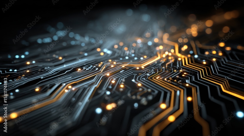 Poster an intricate design of a circuit board is illuminated with bright lights, showcasing the complex pat