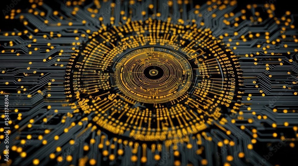 Poster close-up view of a detailed circuit board with a central circular pattern, featuring vibrant gold ac