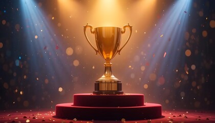 Glowing gold cup on the podium.Dramatic spotlight make the scene more beautiful.      