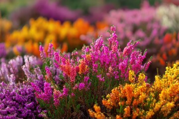 Obraz premium Colorful Heather Flowers Blooming in Field.