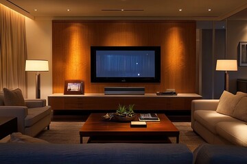 Modern, well-lit living room at night