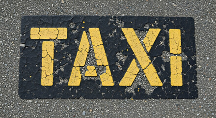 Detailed view of the word taxi painted on asphalt road surface featuring cracks and weathered appearance