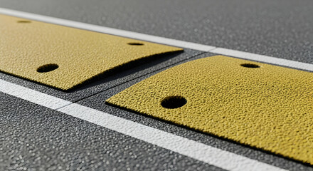 Detailed View of Yellow Rubber Speed Bumps on Asphalt Road with White Lines Enhancing Safety and Order