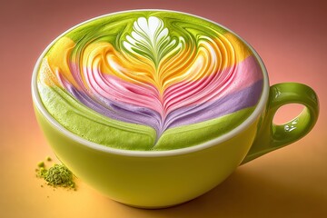 Colorful latte art in a vibrant green cup on a gradient background.