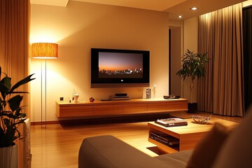 Warm, modern living room with TV