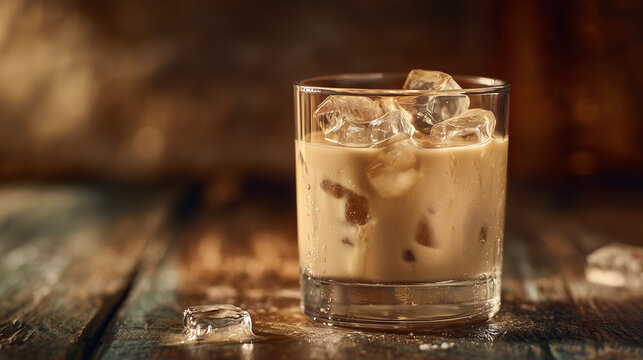 A glass of Amarula creamy beige liqueur, rich and smooth alcoholic drink made from marula fruit, elegant and indulgent beverage with sweet flavor and silky texture.