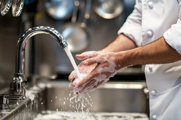 Chef washing hands under stainless steel faucet (1)