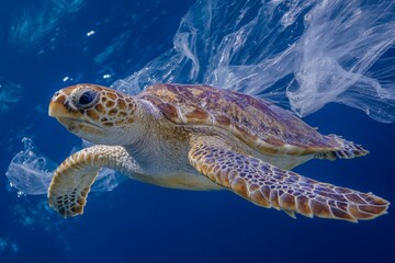 Obraz premium The environmental concept of plastic pollution is starkly represented by a turtle confined in a plastic bag, adrift in the ocean, a poignant illustration for World Oceans Day