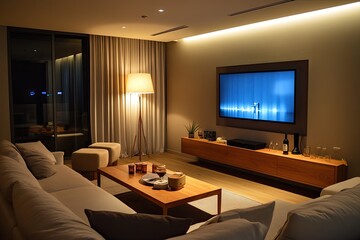 Fototapeta premium Modern living room at night, featuring a TV, soft lighting, and a view