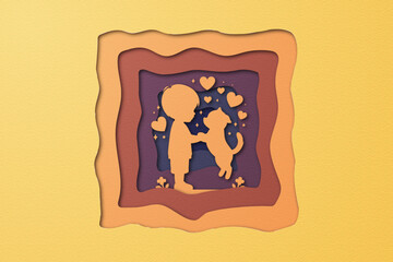 Silhouette of boy playing with dog in paper cut frame with hearts. 3d papercutting greeting card with child holding puppy and heart ornaments.