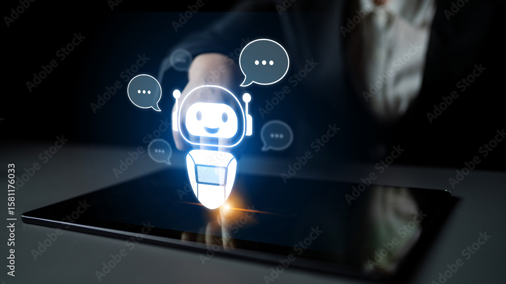 Poster ai chatbot virtual assistant interacting with users through ai conversation bubbles, symbolizing ai 