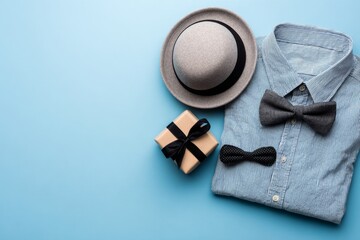 The image features a Father's Day poster or banner, adorned with a necktie and decorations on a blue background, including greetings for the holiday, in flat lay styling