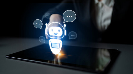 AI chatbot virtual assistant interacting with users through AI conversation bubbles, symbolizing AI...