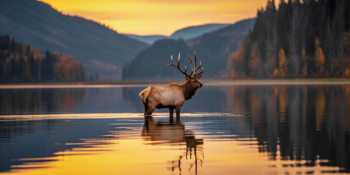 Majestic bull elk stands in calm lake during golden hour sunset