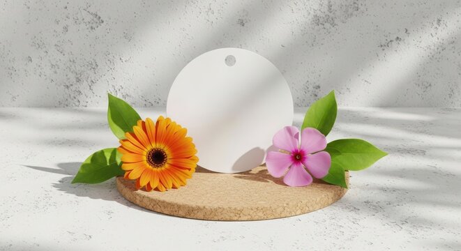 Ai generated image of flowers on a display stage with a blank tag - Powered by Adobe