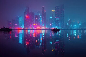 Neon City Skyline Reflection at Night.