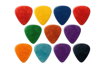 Colorful guitar plectrums neatly organized, displaying bright musical palette for instrument lovers against transparent backdrop