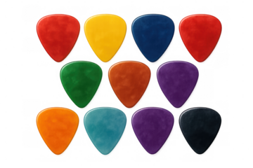 Colorful guitar plectrums neatly organized, displaying bright musical palette for instrument lovers against transparent backdrop