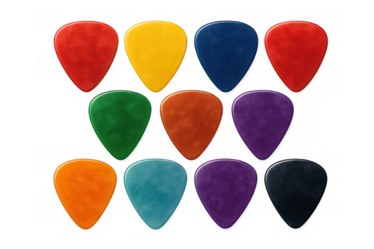 Colorful guitar plectrums neatly organized, displaying bright musical palette for instrument lovers against transparent backdrop