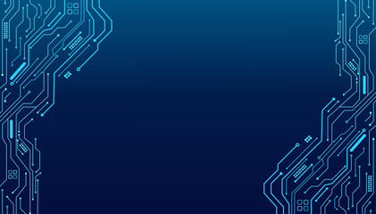 Abstract technology background with printed circuit board patterns and digital connection lines. Futuristic computer engineering design for banners, presentations, or artificial intelligence