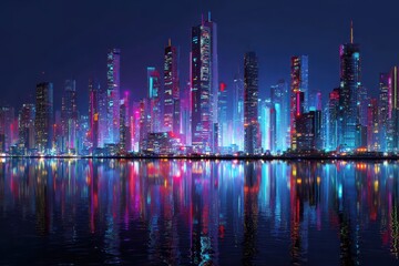 Obraz premium Neon Cityscape Reflection at Night.