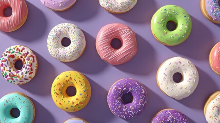 A vibrant display of doughnuts, topped with an assortment of colorful sprinkles, is situated on a purple and pink background that offers sufficient space for textual content