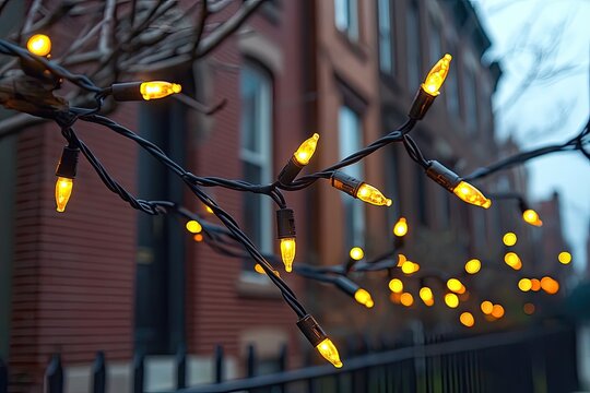 Warm yellow string lights adorn a city street