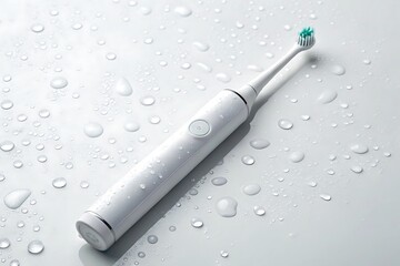 An electric toothbrush with water droplets on a white surface promotes oral hygiene and fresh breath