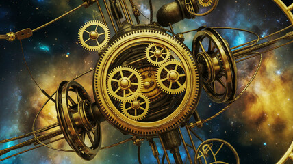 Intricate steampunk celestial orrery mechanism against a cosmic nebula background