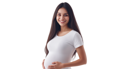 Portrait of a Beautiful Smiling Pregnant Woman Gently Holding Her Belly Isolated on White Background