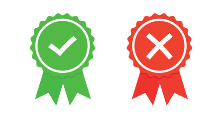 Vector badge icon set featuring green checkmark (approved) and red cross (rejected) ribbon medals. Perfect for approval systems, feedback icons, certifications, and decision workflow graphics.