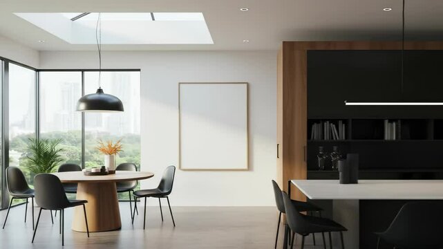 Modern Open-Plan Kitchen and Dining Area with Contemporary Wooden Furniture, Large Windows, and City View, showcasing luxurious residential interior design under natural light with no people.