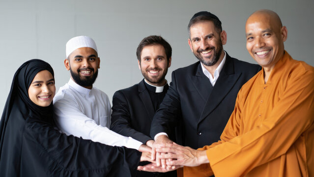 Interfaith unity, diverse religious leaders, multicultural harmony, spiritual collaboration, peace and respect, inclusive dialogue, group support, global faith connection, shared humanity, diversity c